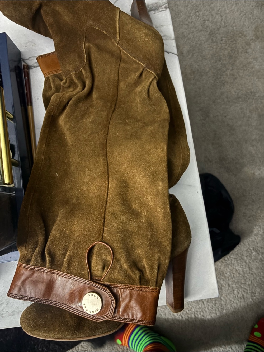Michael Kors Brown Suede and Leather Strap Boots with Logo Button